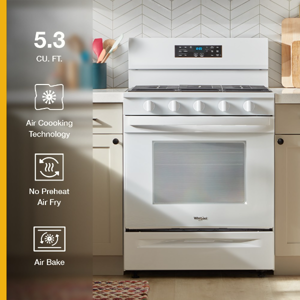 Whirlpool 30-inch Gas Range with Air Cooking Technology, No Preheat Air Fry and Air Baking and Self Clean-WFGS5030RW
