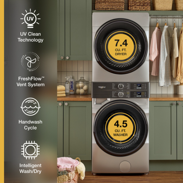 Whirlpool Front Load Laundry Tower 4.5 cu. ft. Washer & 7.4 cu. ft. Electric Dryer-WEF5727TR