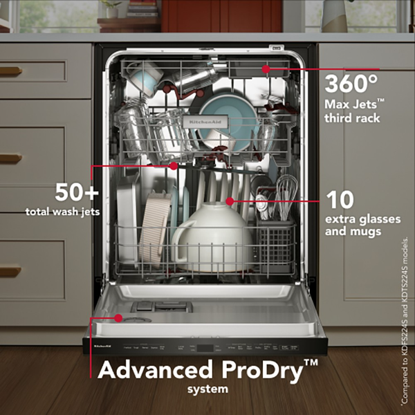 KitchenAid 360 Max Jets Third Rack Dishwasher with Advanced ProDry System, 44 dBA-KDPS624SPS