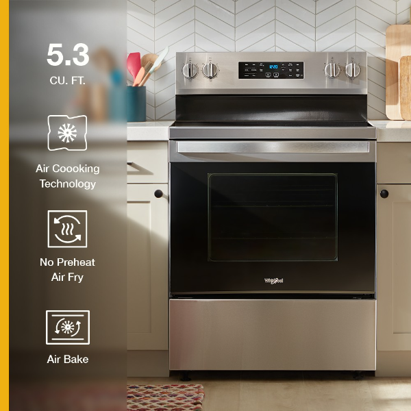 Whirlpool 30-inch Energy Star Electric Range with Air Cooking Technology, No Preheat Air Fry and Air Baking and Self Clean-WFES5030RS