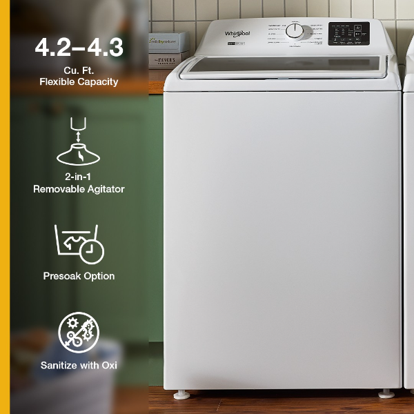Whirlpool 4.3 cu ft Top Load Washer with 2-in-1 Removable Agitator and Soft Close Glass Lid-WTW4307SW