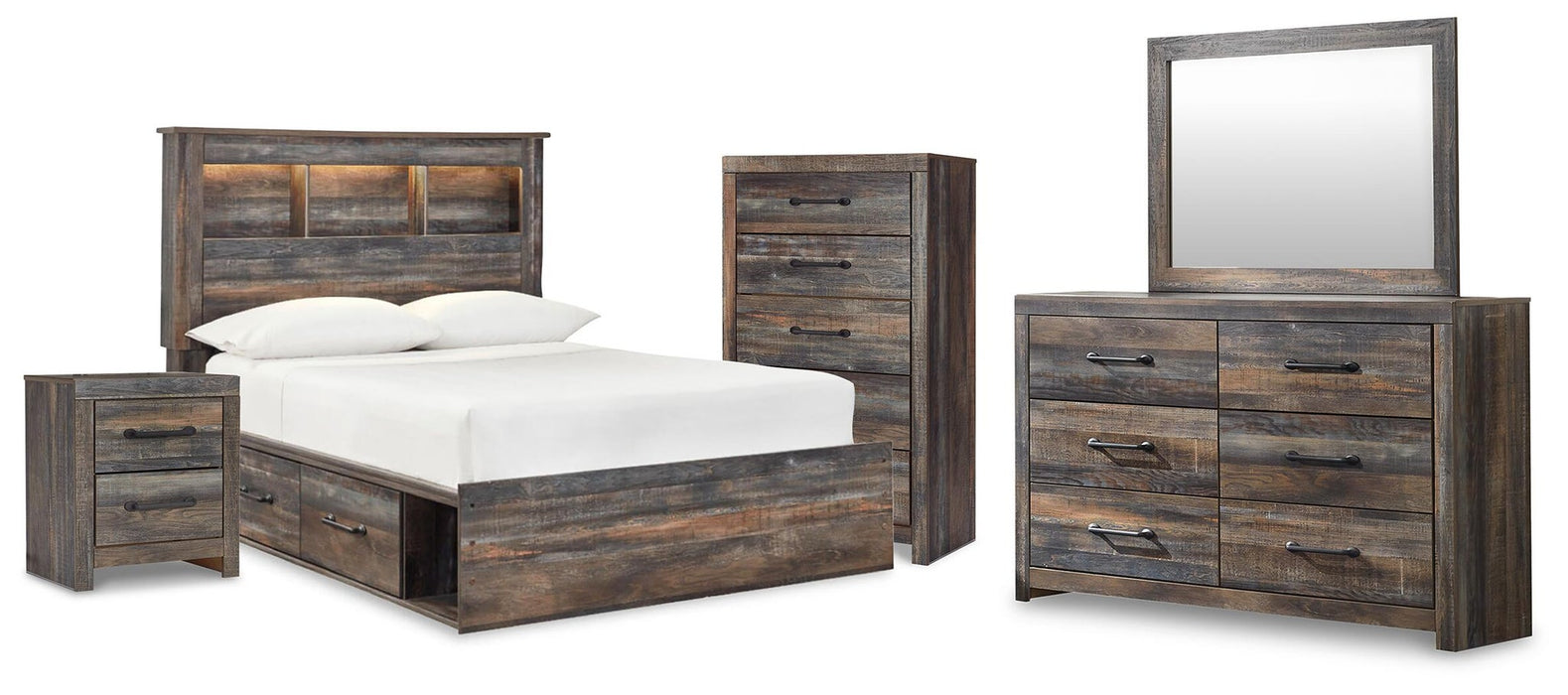 Drystan Full Bookcase Bed with 2 Storage Drawers with Mirrored Dresser, Chest and Nightstand