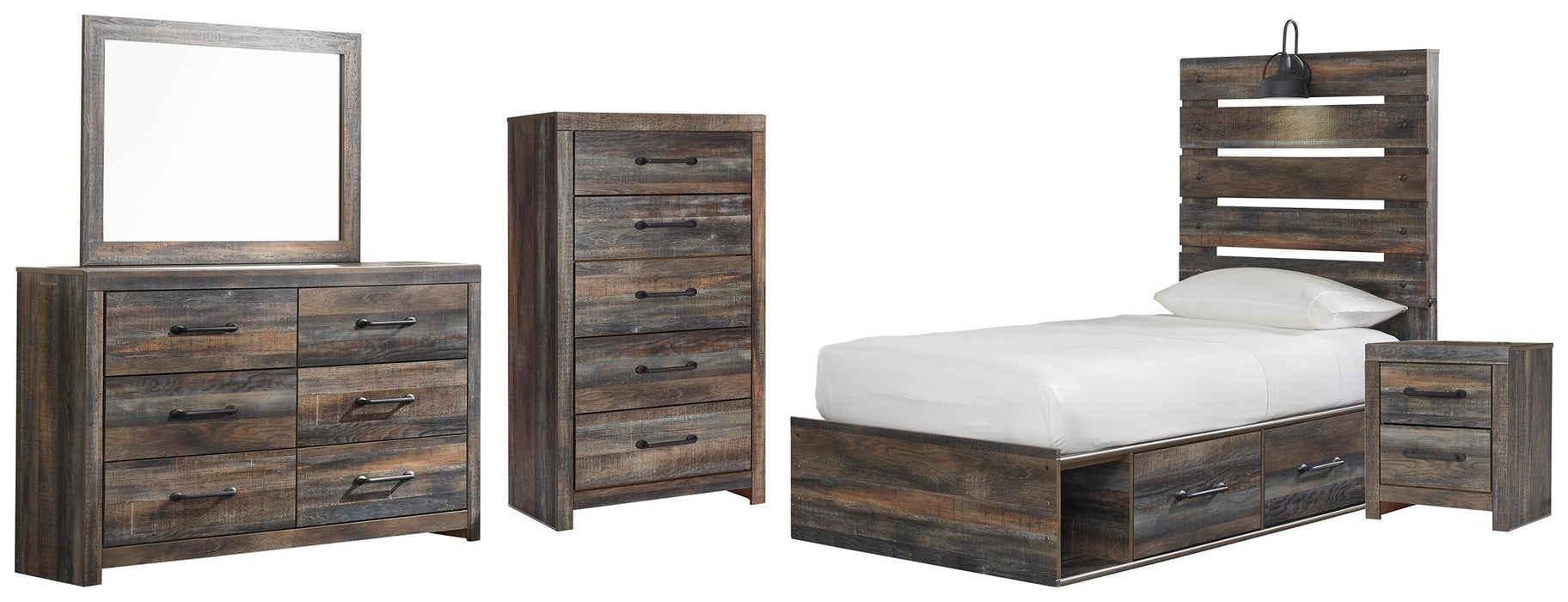 Drystan Twin Panel Bed with 4 Storage Drawers, Dresser, Mirror, Chest and Nightstand