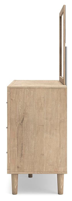Cielden King Panel Bed with Mirrored Dresser and Nightstand