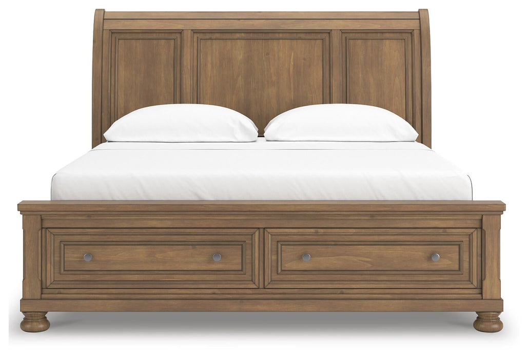 Feddinger California King Storage Sleigh Bed with Mirrored Dresser and Nightstand