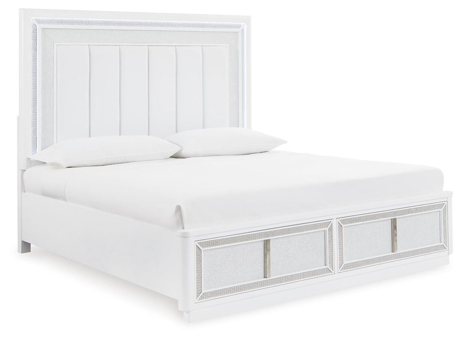 Chalanna King Upholstered Storage Bed, Dresser, Mirror, Chest and Nightstand