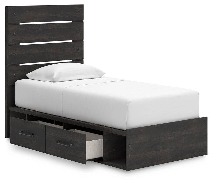 Hollivern Twin Panel Bed with Storage, Dresser, Mirror, Chest and Nightstand