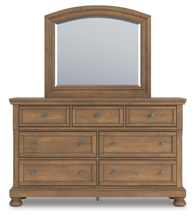 Feddinger Queen Storage Sleigh Bed with Mirrored Dresser, Chest and Nightstand