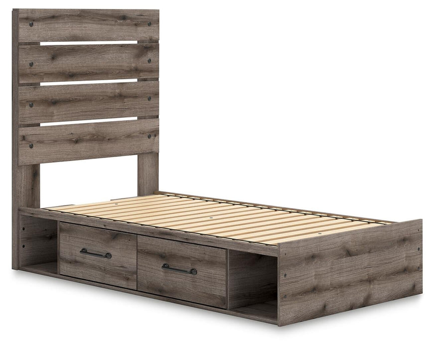Graystorm Twin Panel Bed with Storage, Dresser and Mirror