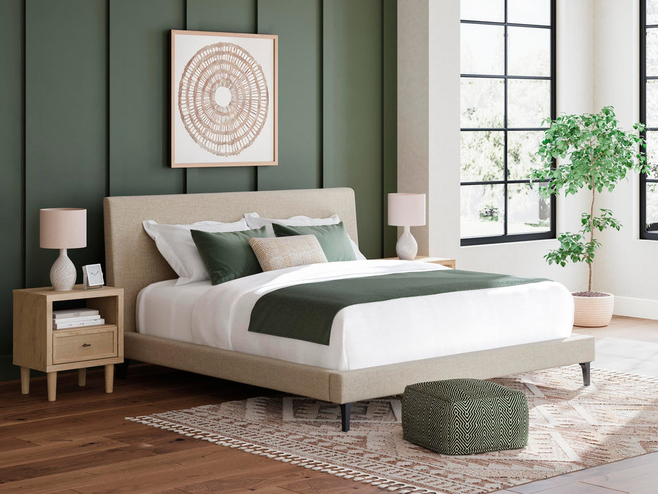 Cielden King Upholstered Bed with Roll Slats, Dresser and Mirror