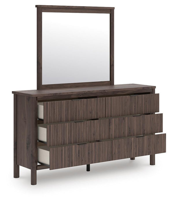 Pamytta Full Upholstered Panel Platform Bed, Dresser and Mirror
