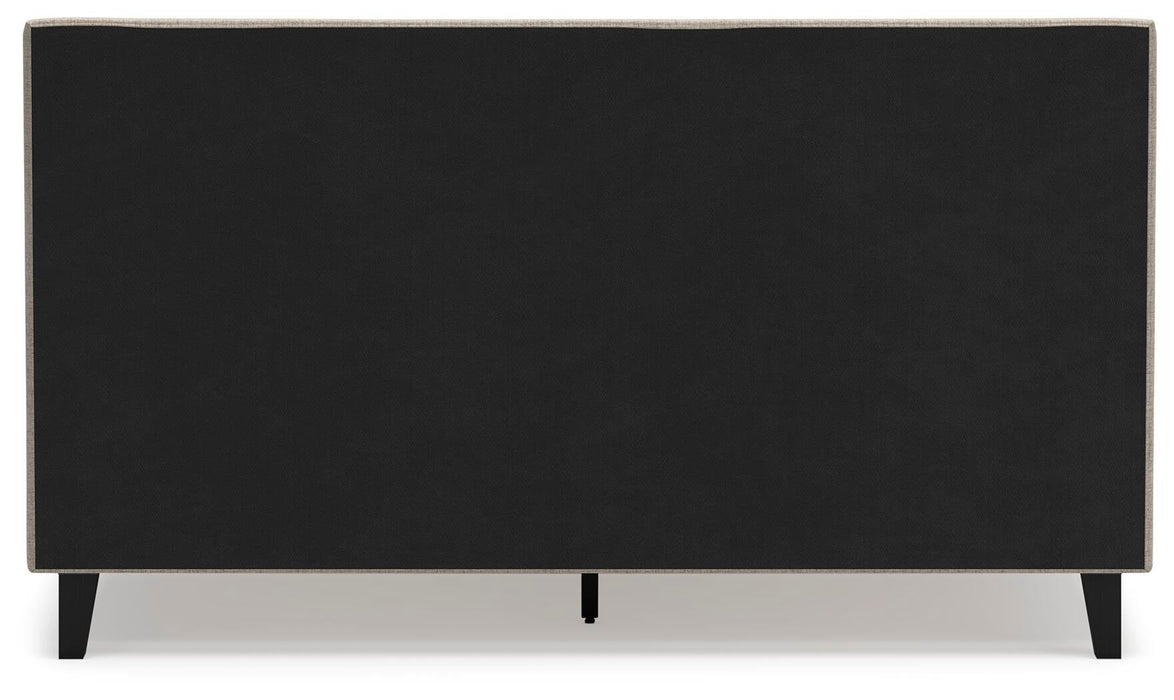 Cielden California King Upholstered Bed with Roll Slats, Dresser, Mirror and Nightstand